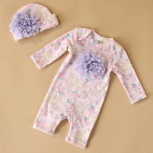 Infant Unicorn Print Romper and Hat Set