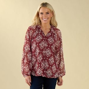 Ikat Print Peasant Red Top