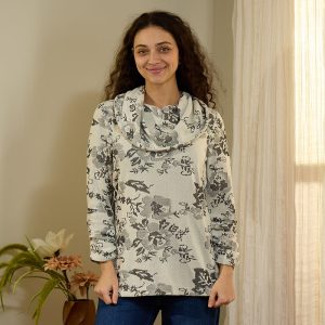 Ivory and Black Floral Cowl Neck Top