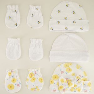 Infant 6 Piece Bee and Floral Knit Hat and Mitten Set