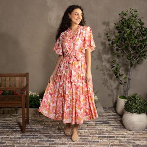 Ruffled Trim Floral Pink Dress