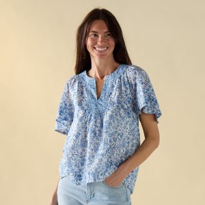 Wide Sleeve Floral Blue Top