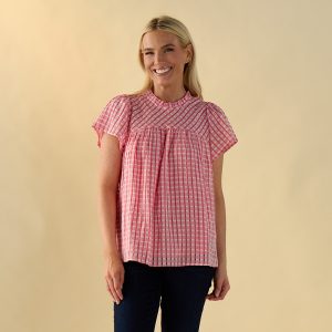 Pink Check Texture Ruffle Top