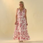 V Neck Pink Print Tier Maxi Dress