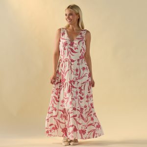 V Neck Pink Print Tier Maxi Dress