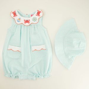 Infant Embroidered Collar Blue Romper with Hat