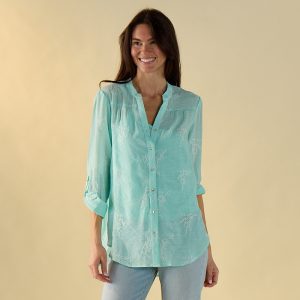 Aqua with Coral Embroidered Top