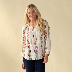 Raspberry Print Peasant White Top