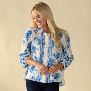 Blue Print Button Up Front Top