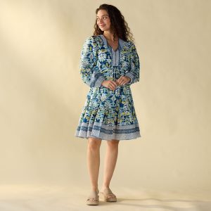 Border Print Floral Blue Dress