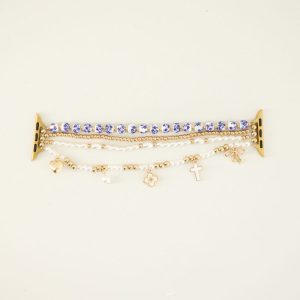 Blue Charm Pearl Stretch Watch Band- Gold