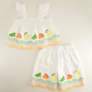 Woven Embroidered Fruit White Top and Capri Set
