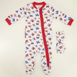 Infant Red, White, and Blue Bow Print Ruffle Butt Footsie