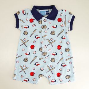 Infant Knit Baseball Print Blue Romper