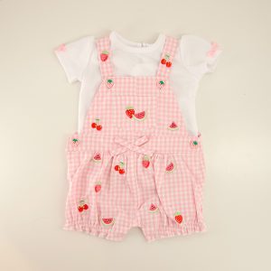 Infant Pink Fruit Embroidered Shortall Set