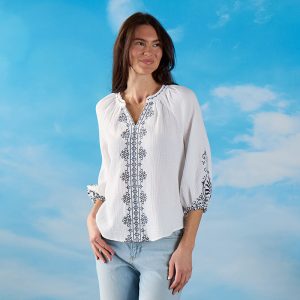 Embroidered Sleeve White Gauze Top